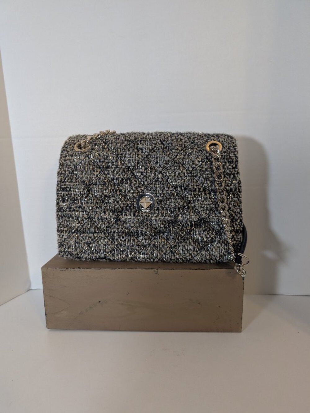 Kate Spade Natalia Grey & Gold Tweed Quilted Shoulder Bag Purse